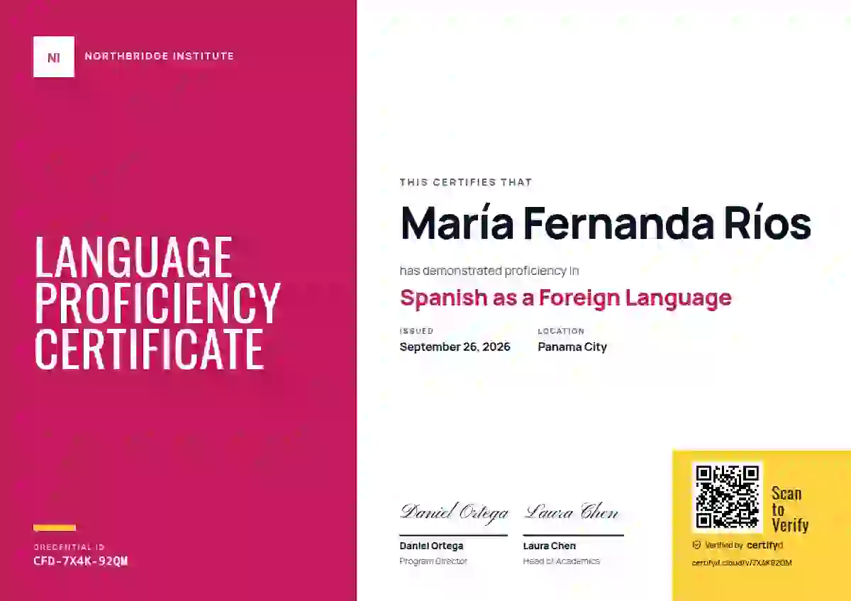 Plantilla de certificado Color Block Magenta No Year de dominio de idiomas