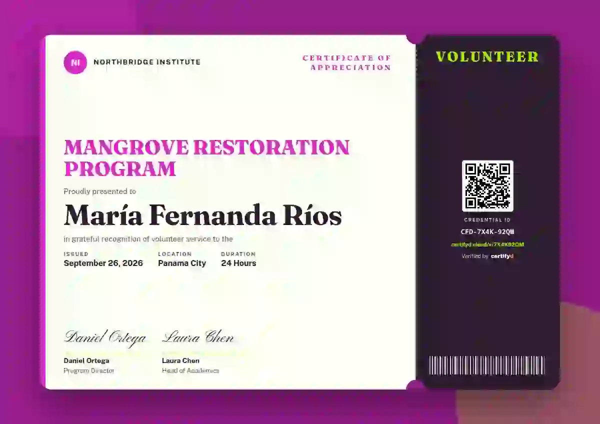Plantilla de certificado Workshop Ticket Fuchsia Wide Margin de reconocimiento a voluntarios