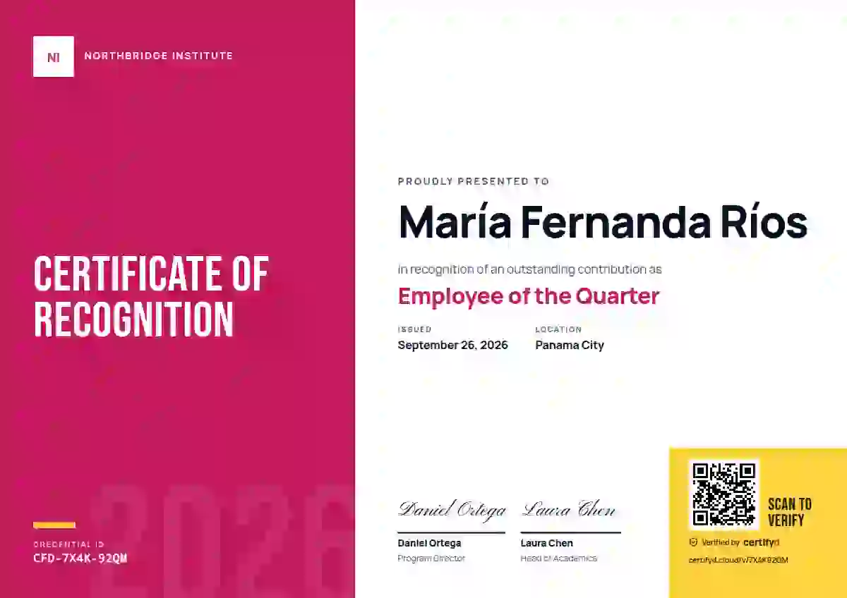 Plantilla de certificado Color Block Magenta de reconocimiento a colaboradores