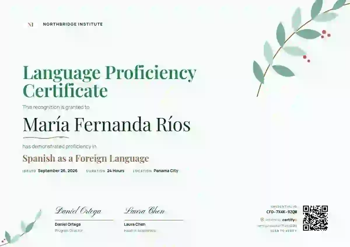 Plantilla de certificado Botanical Jade Playfair Manrope de dominio de idiomas