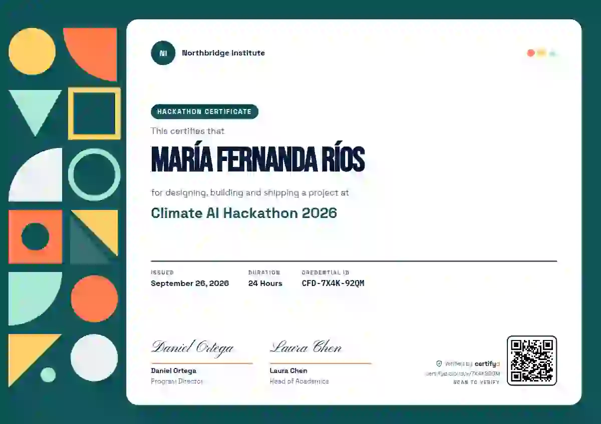 Geometric Teal Bebas Spacegrotesk hackathon certificate template