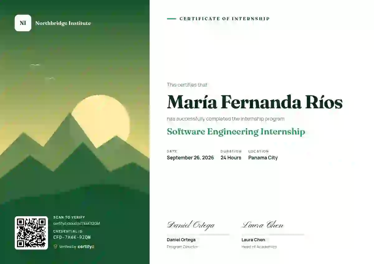 Plantilla de certificado Duotone Forest Sand Fraunces Manrope de pasantía