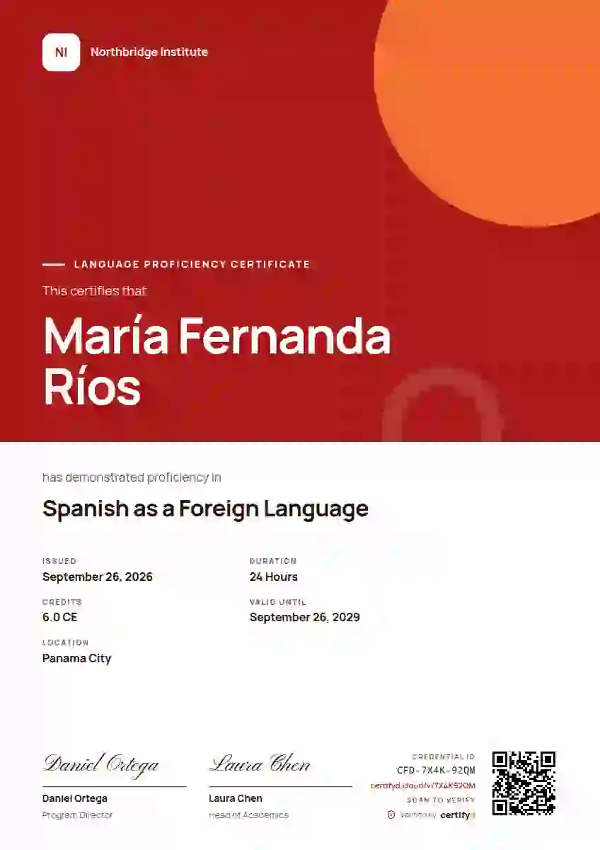 Plantilla de certificado Portrait Modern Scarlet Tall Block de dominio de idiomas