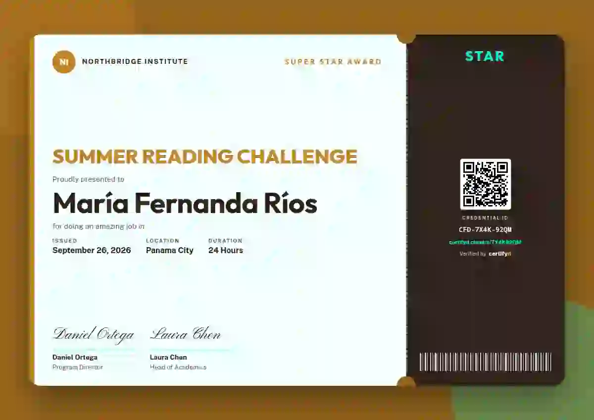 Plantilla de certificado Workshop Ticket Amber Wide Stub de escuela y niños