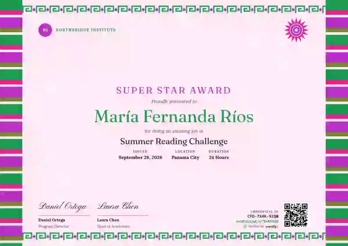 Plantilla de certificado Greca Folk Jade Wide Stripe de escuela y niños