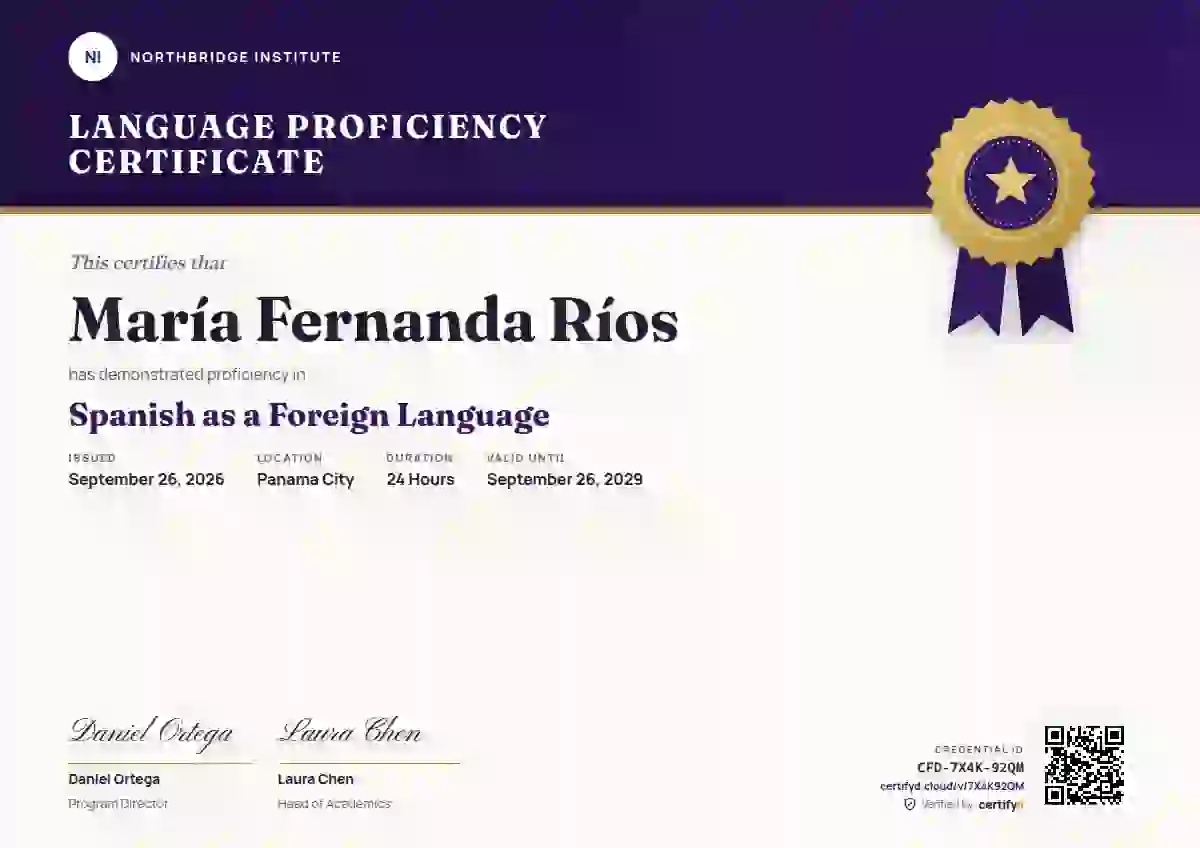 Plantilla de certificado Seal Masthead Violet Tall Band de dominio de idiomas