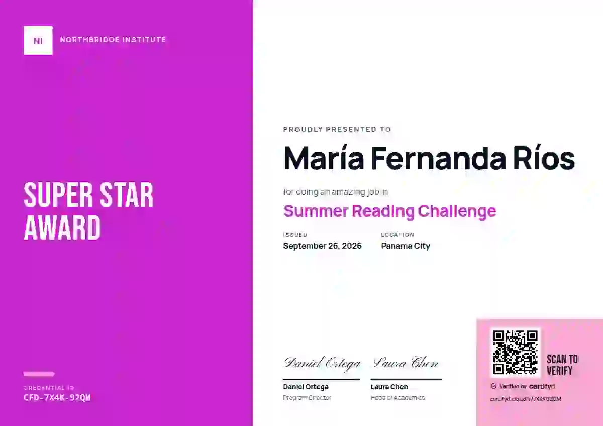 Color Block Fuchsia No Year school and kids certificate template