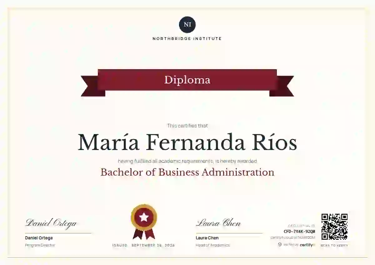Plantilla de certificado Ribbon Banner Crimson Baskerville Manrope de diploma académico