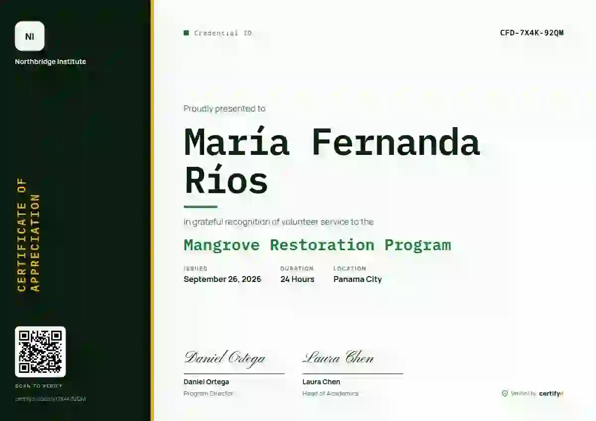 Plantilla de certificado Vertical Sidebar Forest Wide Side de reconocimiento a voluntarios