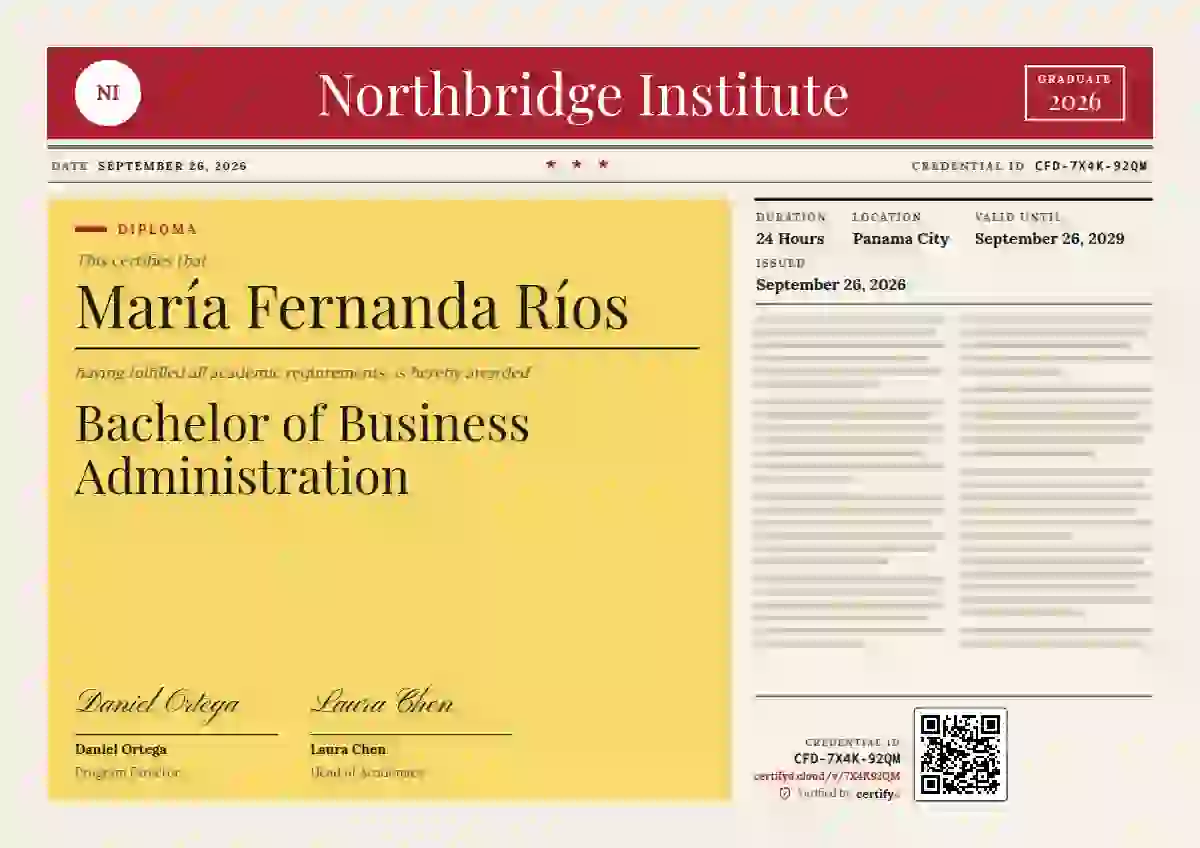 Plantilla de certificado Newspaper Front Scarlet de diploma académico