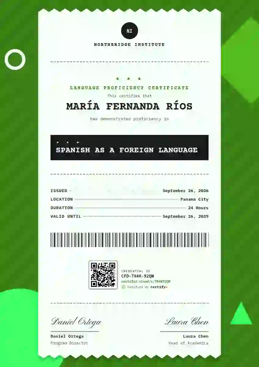 Receipt Roll Fern language proficiency certificate template