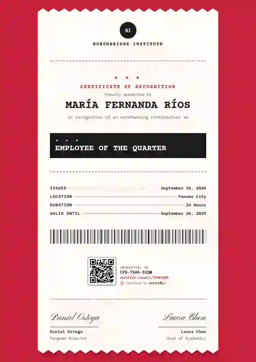 Receipt Roll Ruby employee recognition certificate template