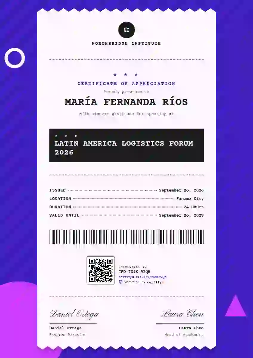 Plantilla de certificado Receipt Roll Violet de ponente de conferencia