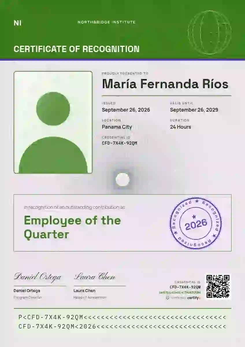 Passport Page Fern employee recognition certificate template