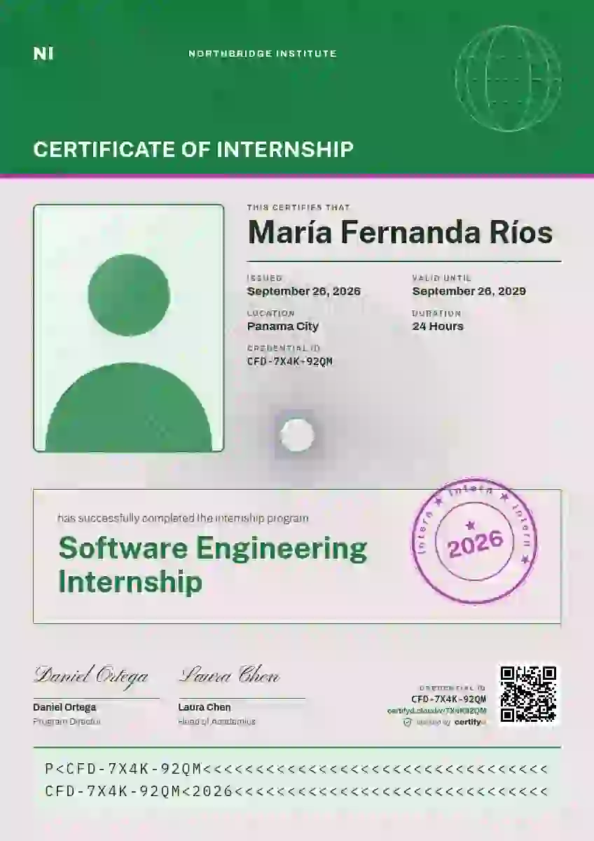 Plantilla de certificado Passport Page Jade de pasantía