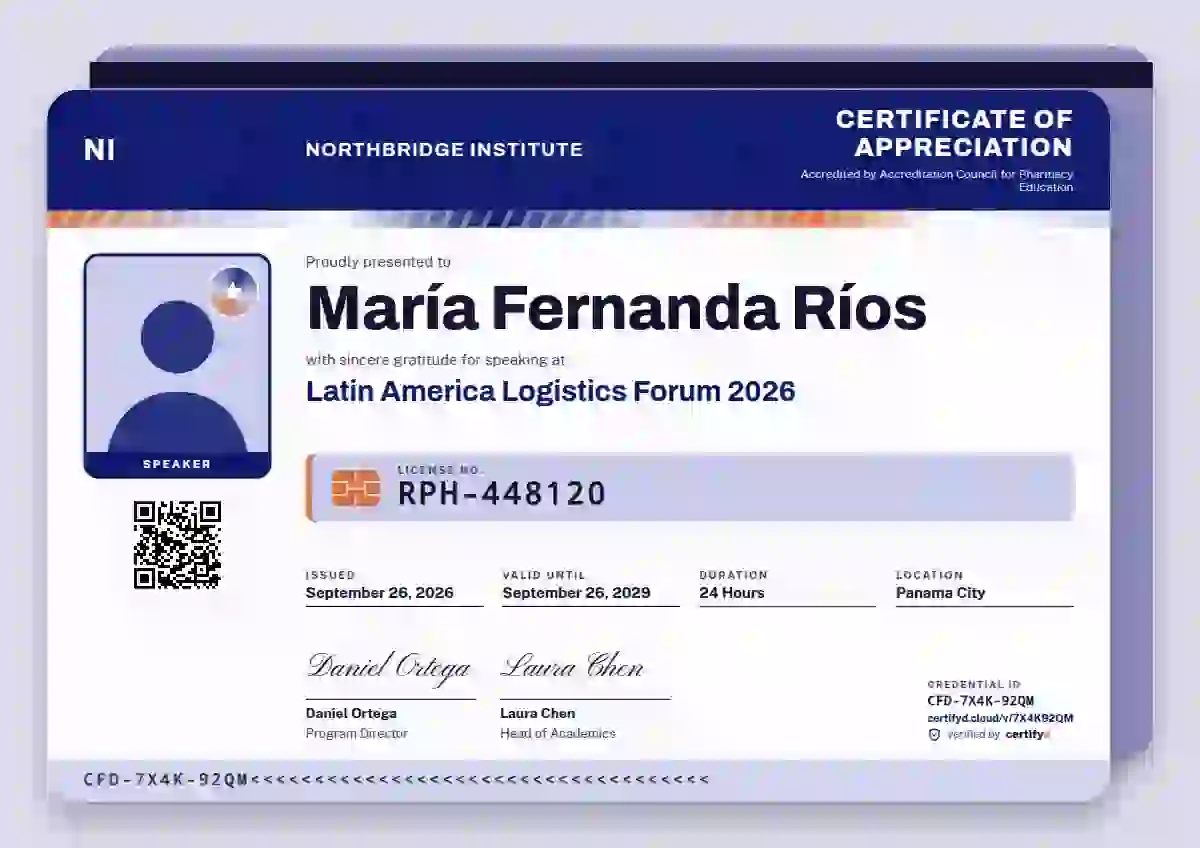 Plantilla de certificado Licence Card Ultramarine de ponente de conferencia