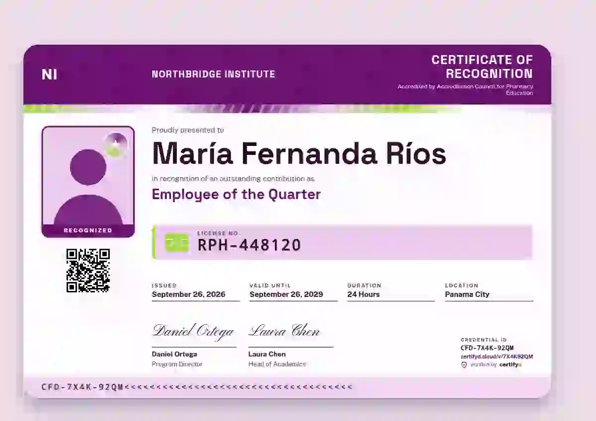 Plantilla de certificado Licence Card Fuchsia de reconocimiento a colaboradores