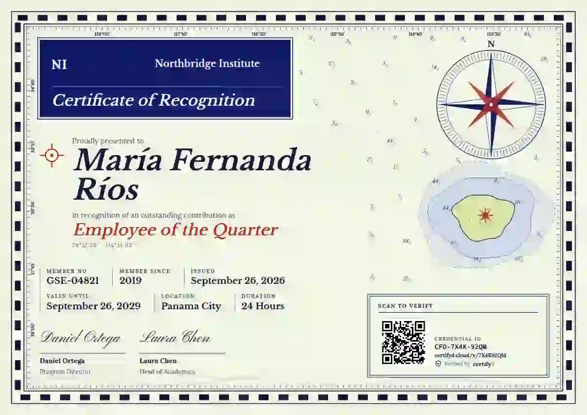 Plantilla de certificado Nautical Chart Ultramarine de reconocimiento a colaboradores