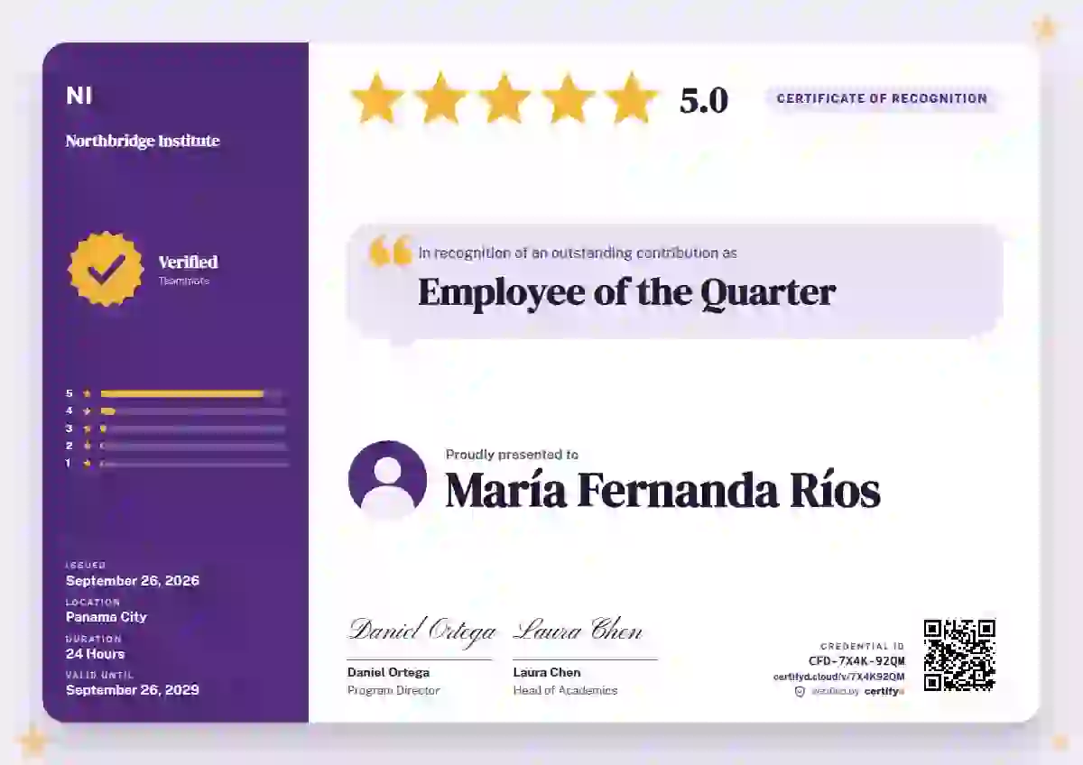 Review Card Amethyst employee recognition certificate template