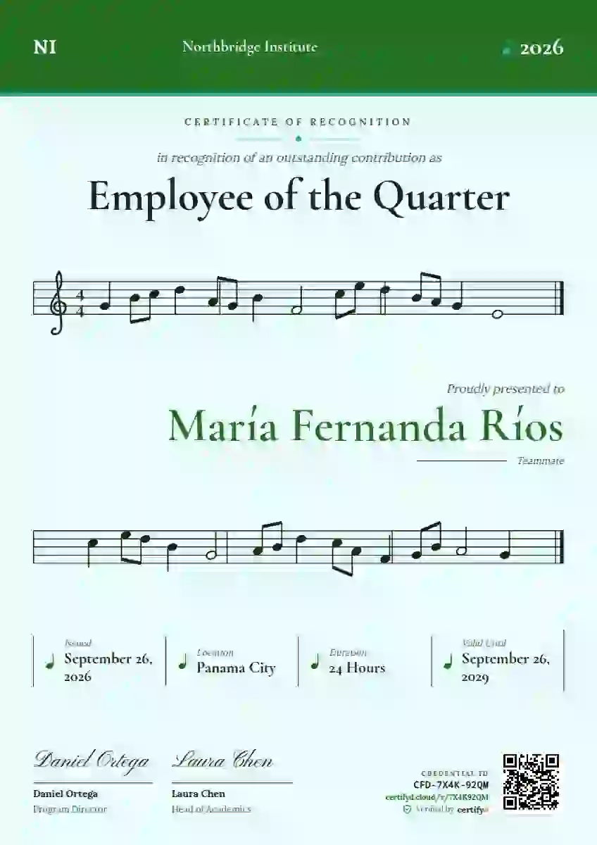 Plantilla de certificado Sheet Music Meadow de reconocimiento a colaboradores