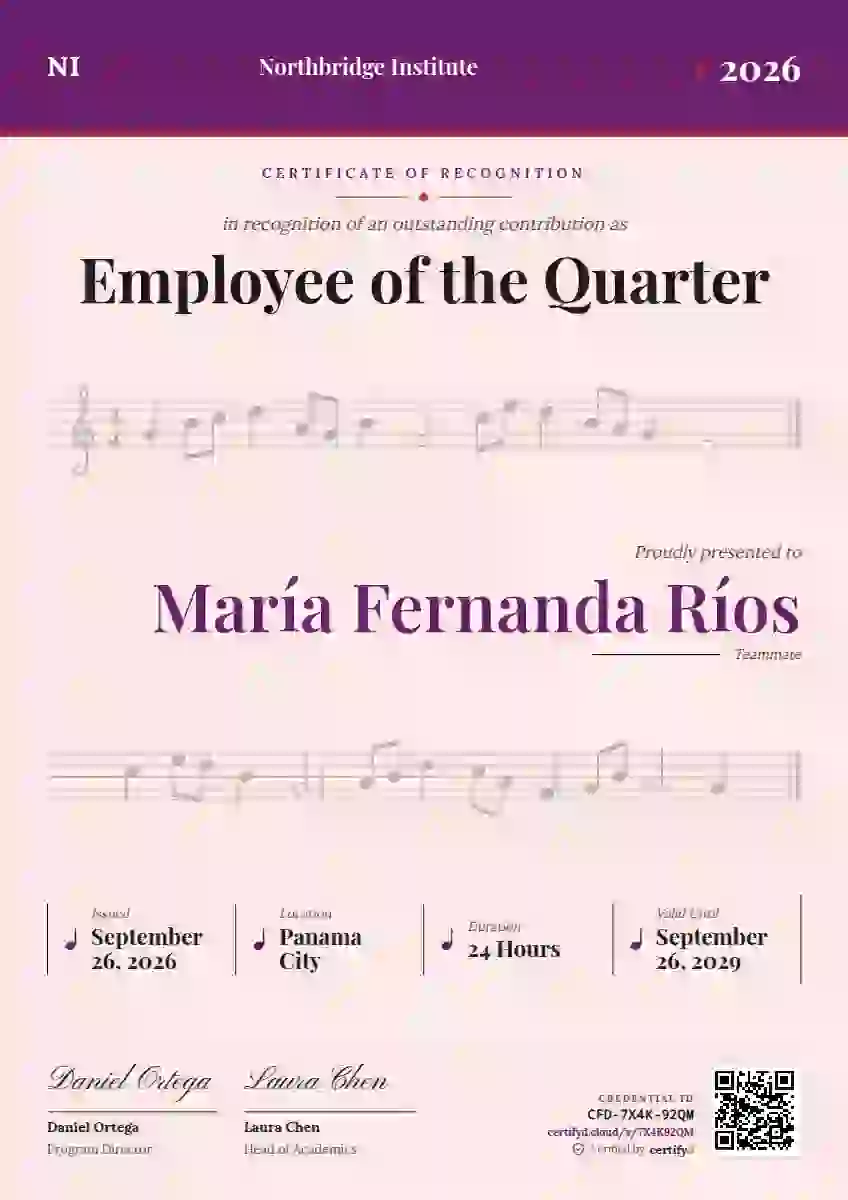 Sheet Music Fuchsia Faint Staves employee recognition certificate template