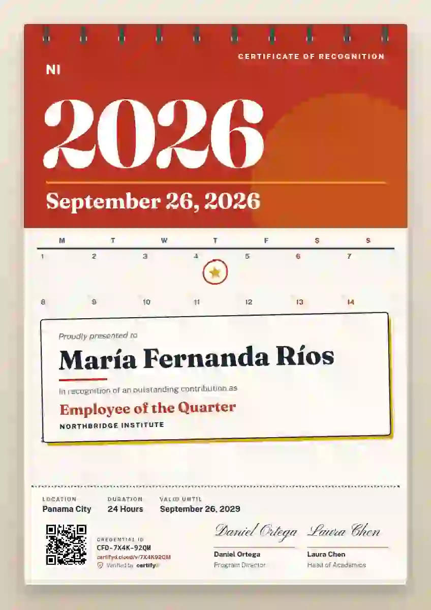 Plantilla de certificado Wall Calendar de reconocimiento a colaboradores