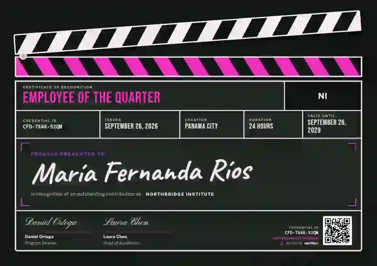 Clapperboard Magenta employee recognition certificate template