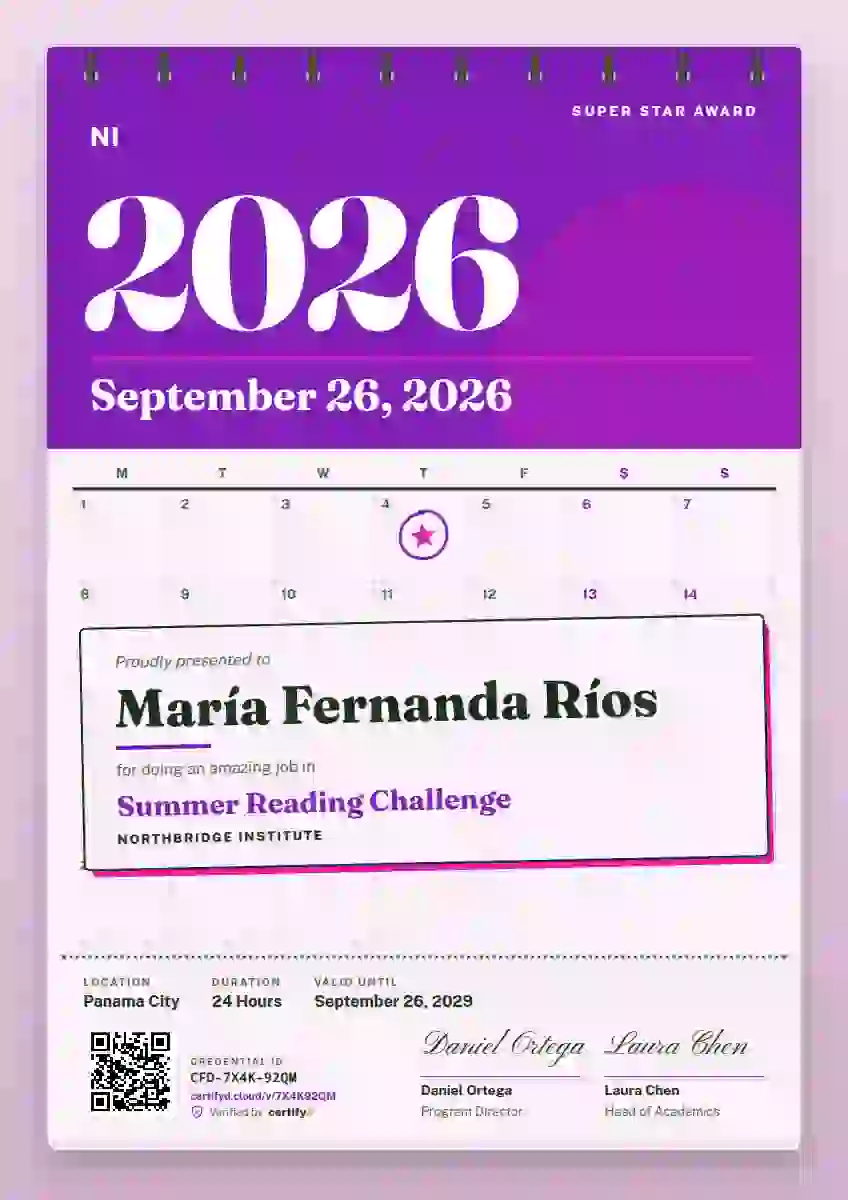 Wall Calendar Orchid school and kids certificate template