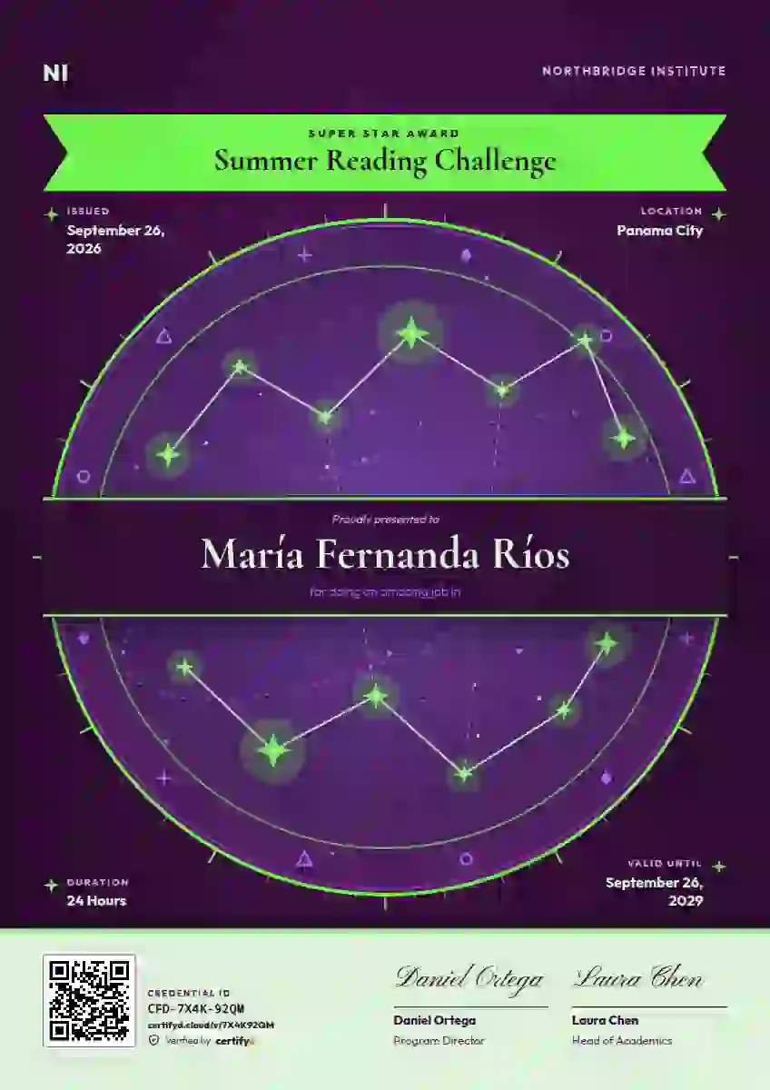 Plantilla de certificado Constellation Chart Soft Fern de escuela y niños