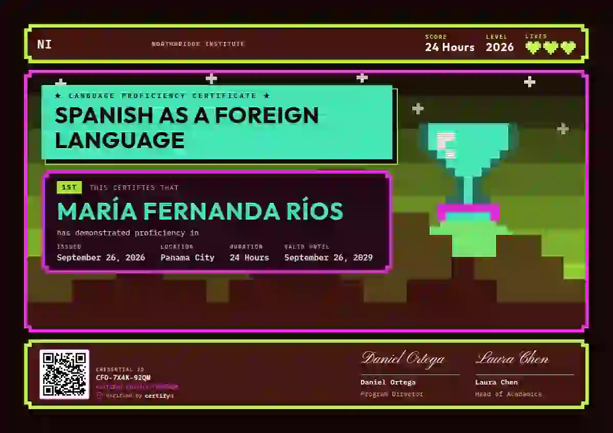 Pixel Arcade Seafoam language proficiency certificate template