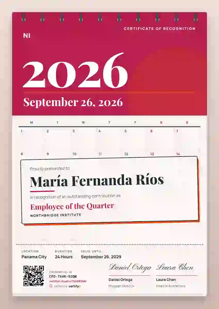 Wall Calendar Ruby employee recognition certificate template