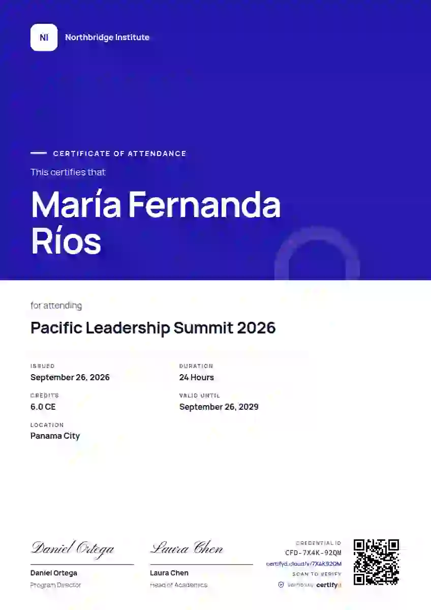 Plantilla de certificado Portrait Modern Indigo de asistencia a eventos