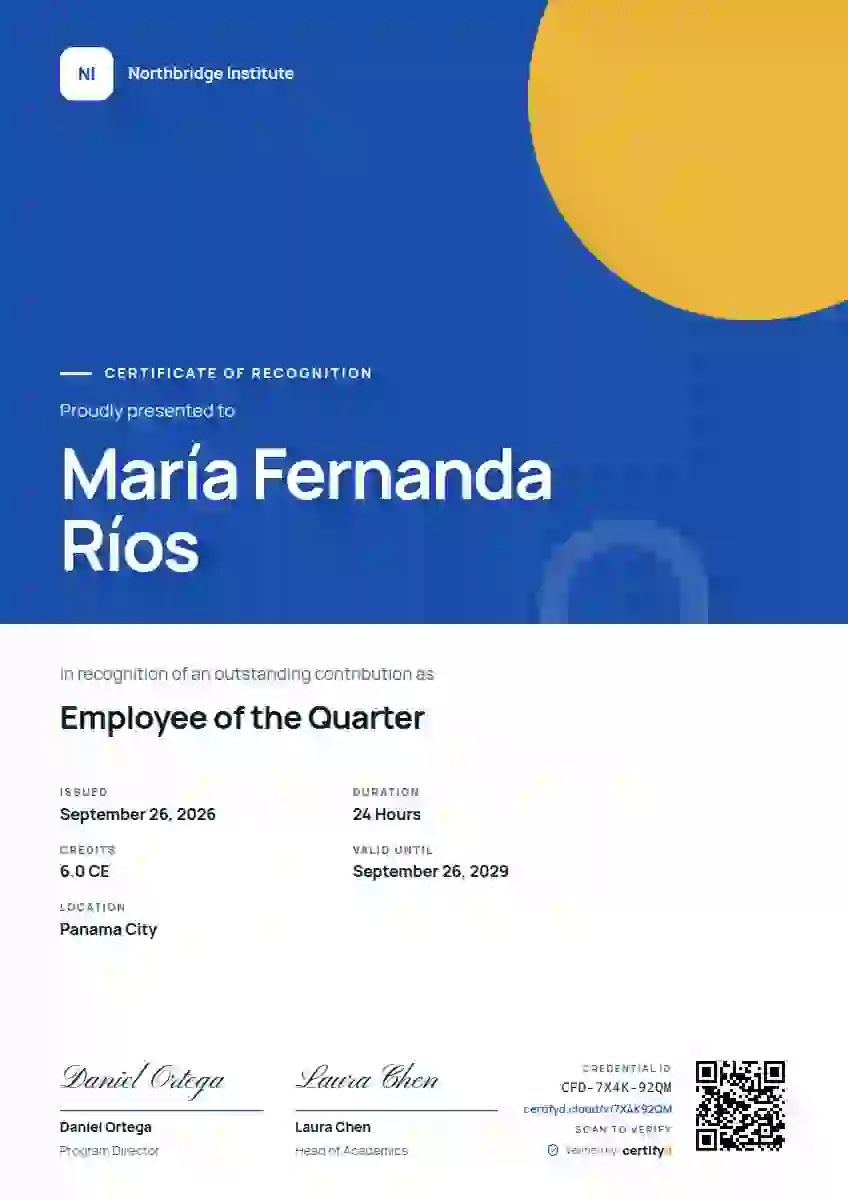 Plantilla de certificado Portrait Modern Cobalt de reconocimiento a colaboradores