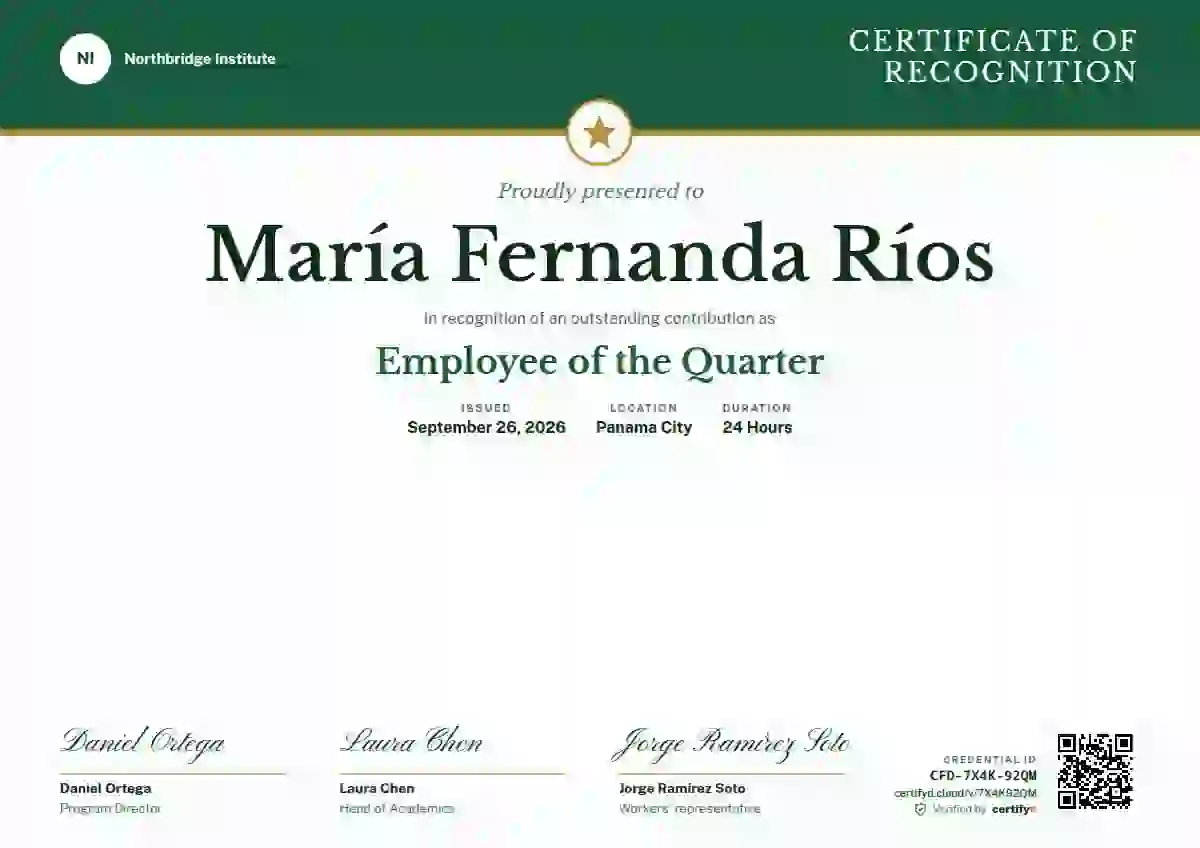 Plantilla de certificado Triple Signature Emerald de reconocimiento a colaboradores