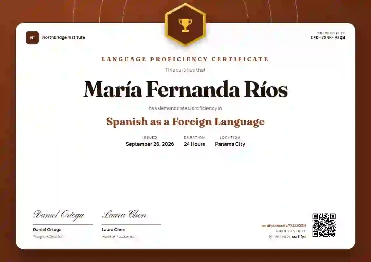 Plantilla de certificado Icon Badge Rust de dominio de idiomas