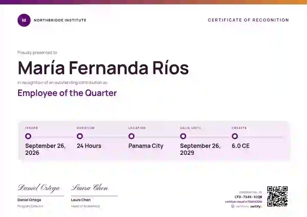 Plantilla de certificado Training Timeline Orchid de reconocimiento a colaboradores