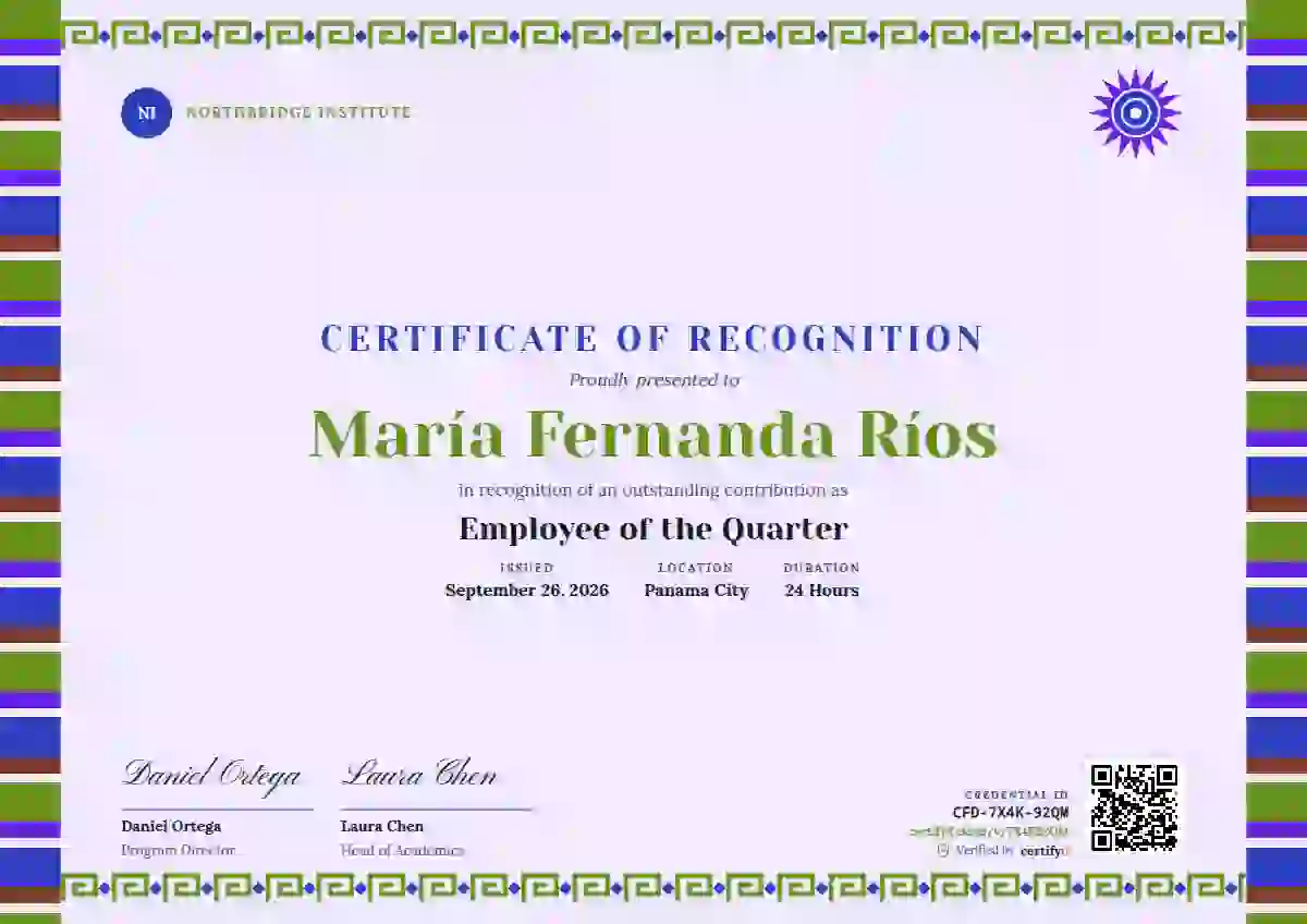 Plantilla de certificado Greca Folk Lime de reconocimiento a colaboradores