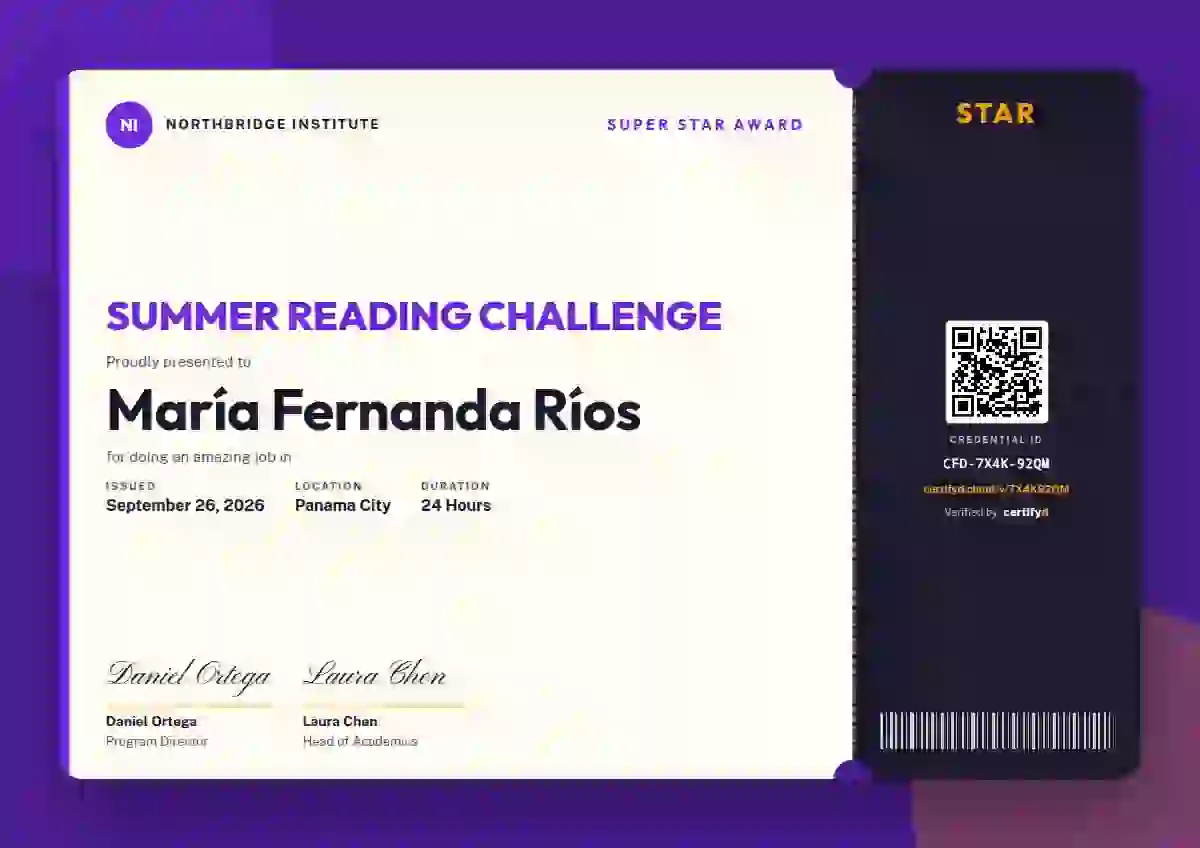 Plantilla de certificado Workshop Ticket Amethyst de escuela y niños