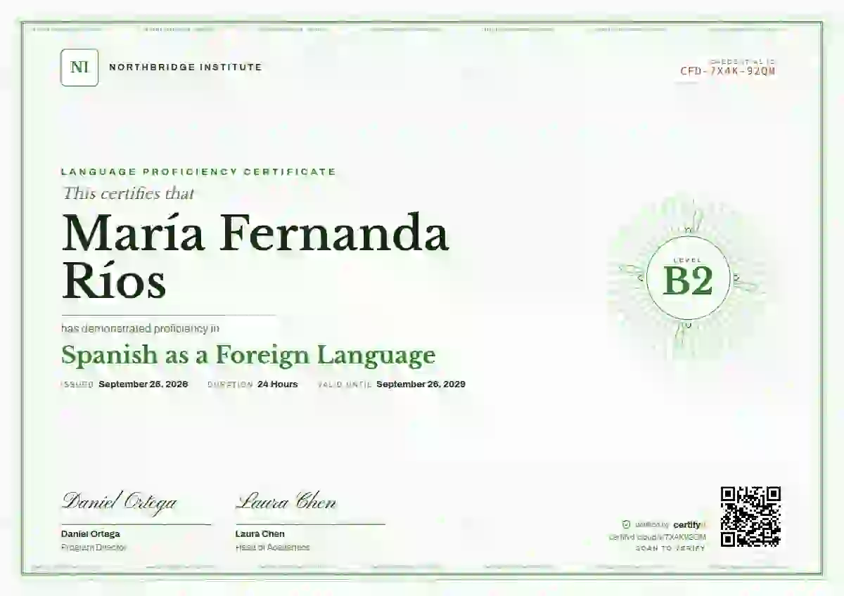 Plantilla de certificado Guilloche Meadow de dominio de idiomas