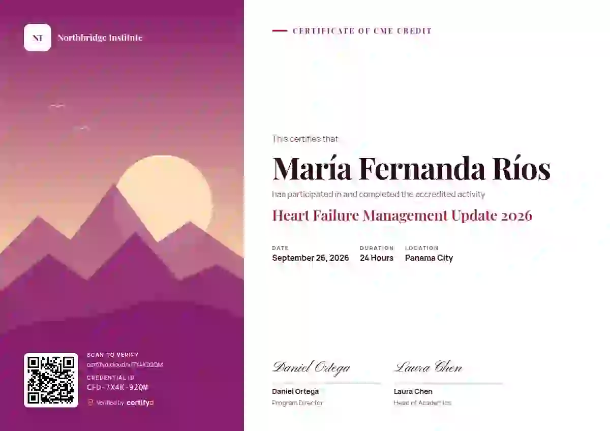 Plantilla de certificado Duotone Magenta de salud y educación médica continua