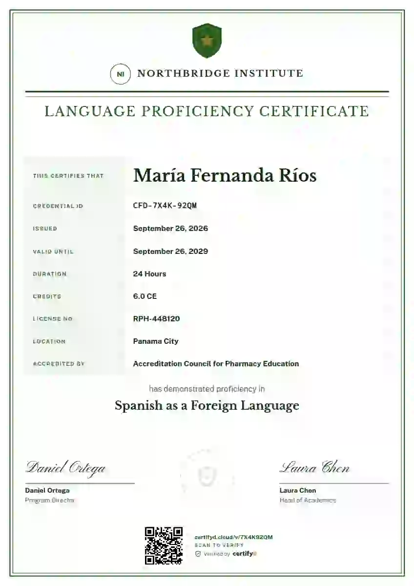 Civic Ledger Meadow language proficiency certificate template