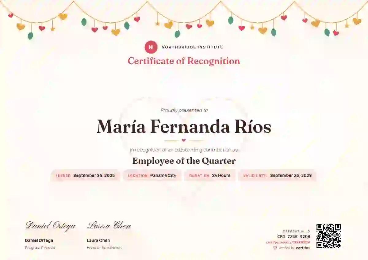 Plantilla de certificado Heart Garland de reconocimiento a colaboradores