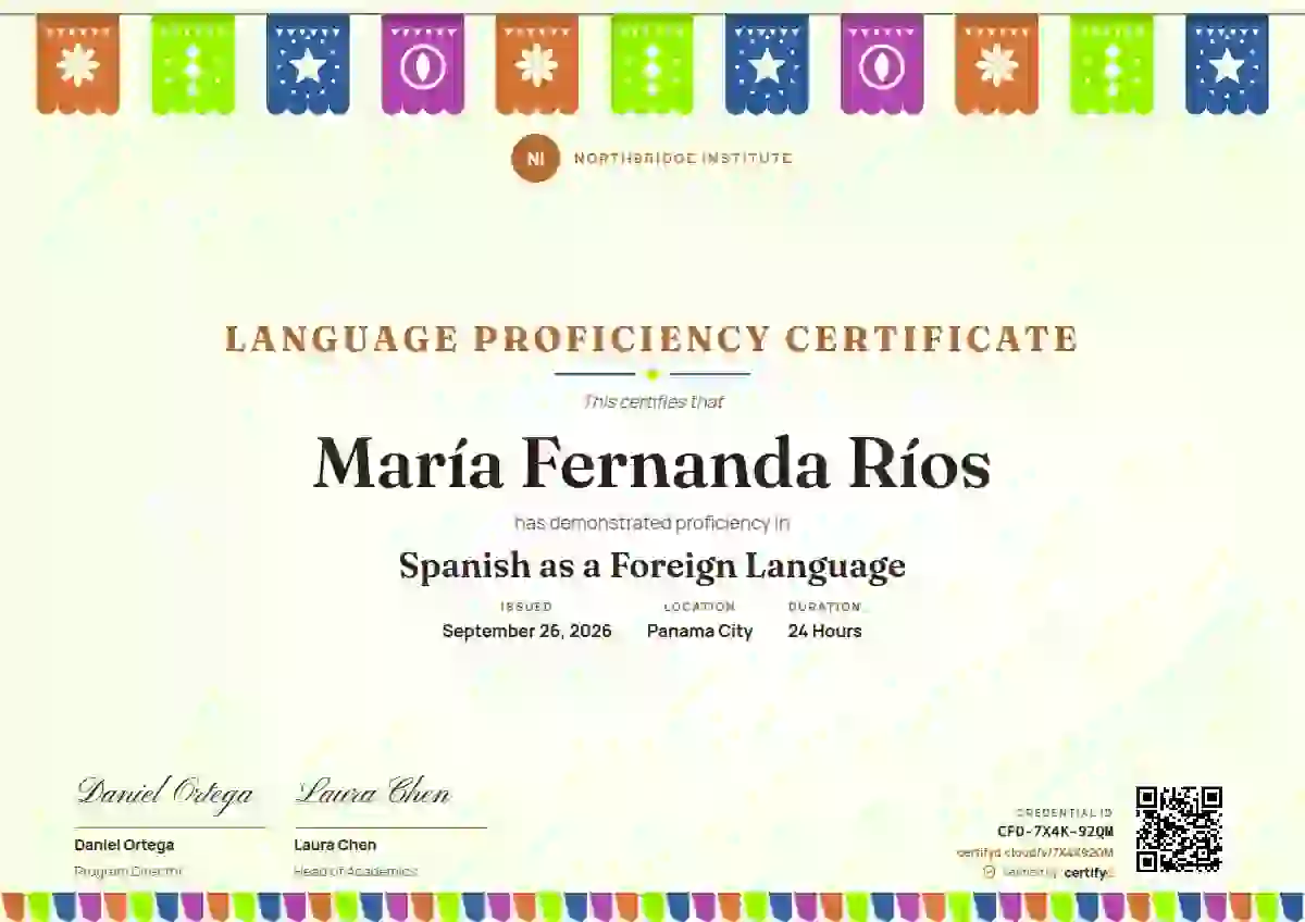 Plantilla de certificado Papel Picado Tangerine de dominio de idiomas