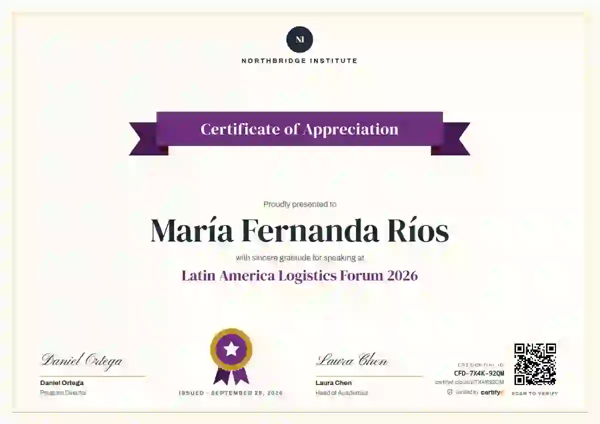 Plantilla de certificado Ribbon Banner Plum de ponente de conferencia