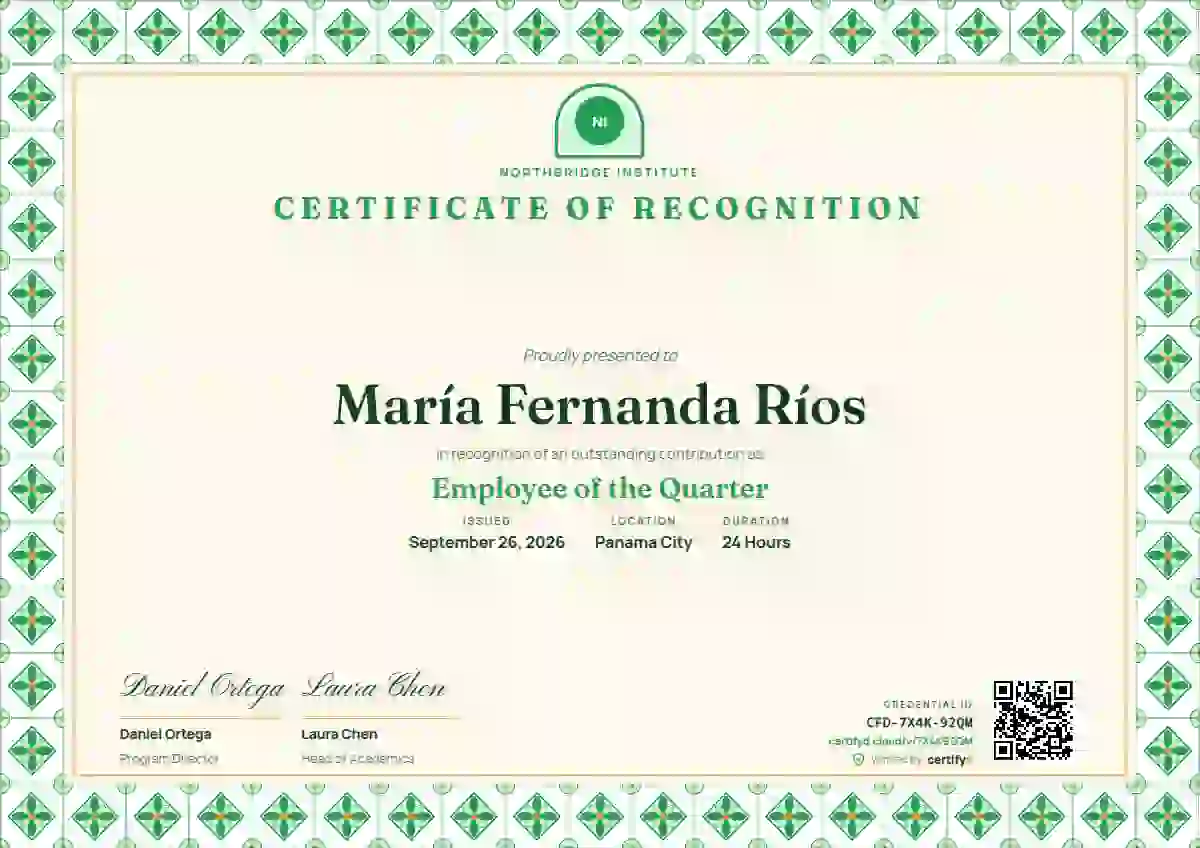 Plantilla de certificado Talavera Frame Jade de reconocimiento a colaboradores