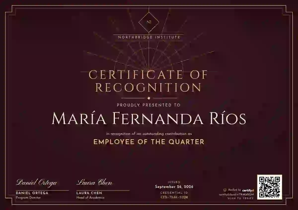 Plantilla de certificado Art Deco Burgundy de reconocimiento a colaboradores