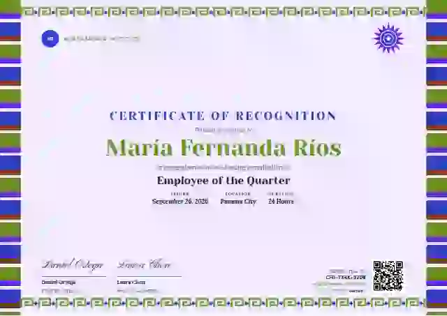 Plantilla de certificado Greca Folk Lime de reconocimiento a colaboradores