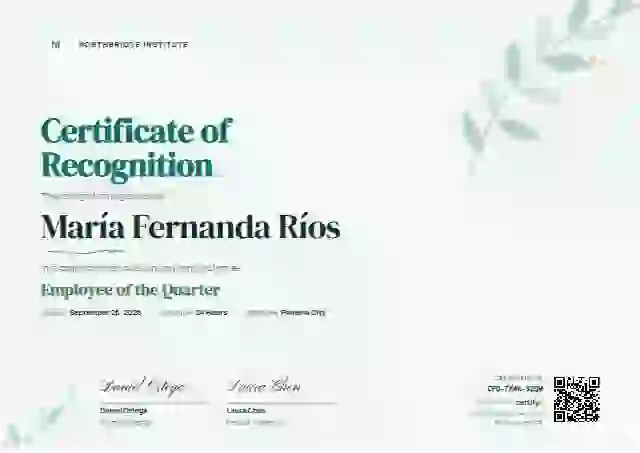 Plantilla de certificado Botanical Seafoam de reconocimiento a colaboradores