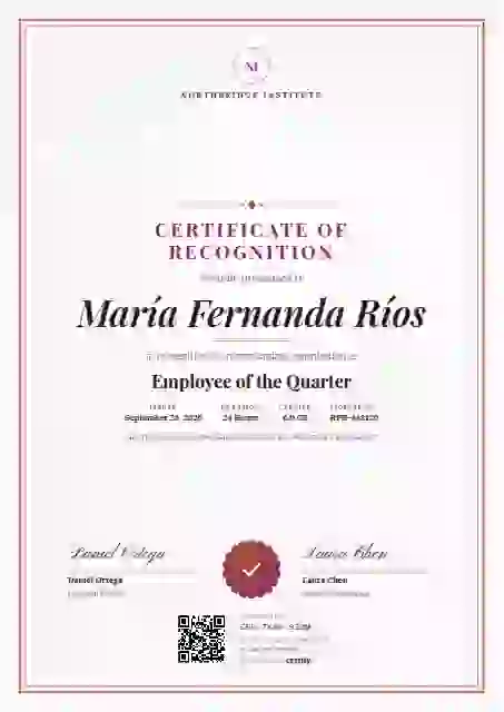 Plantilla de certificado Portrait Classic Raspberry de reconocimiento a colaboradores