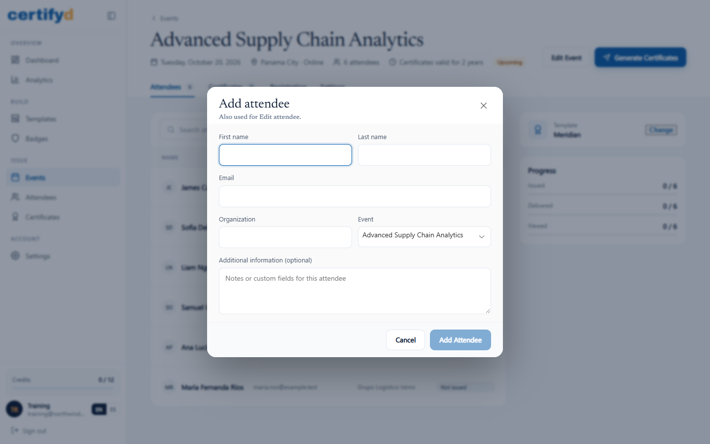 The Add attendee dialog